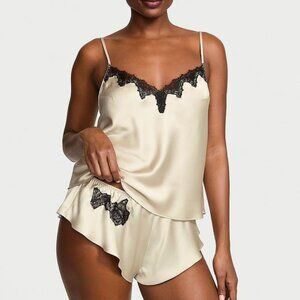 Victoria's Secret Cream Satin Cami & Shorts Pajama Set with Black Lace Trim